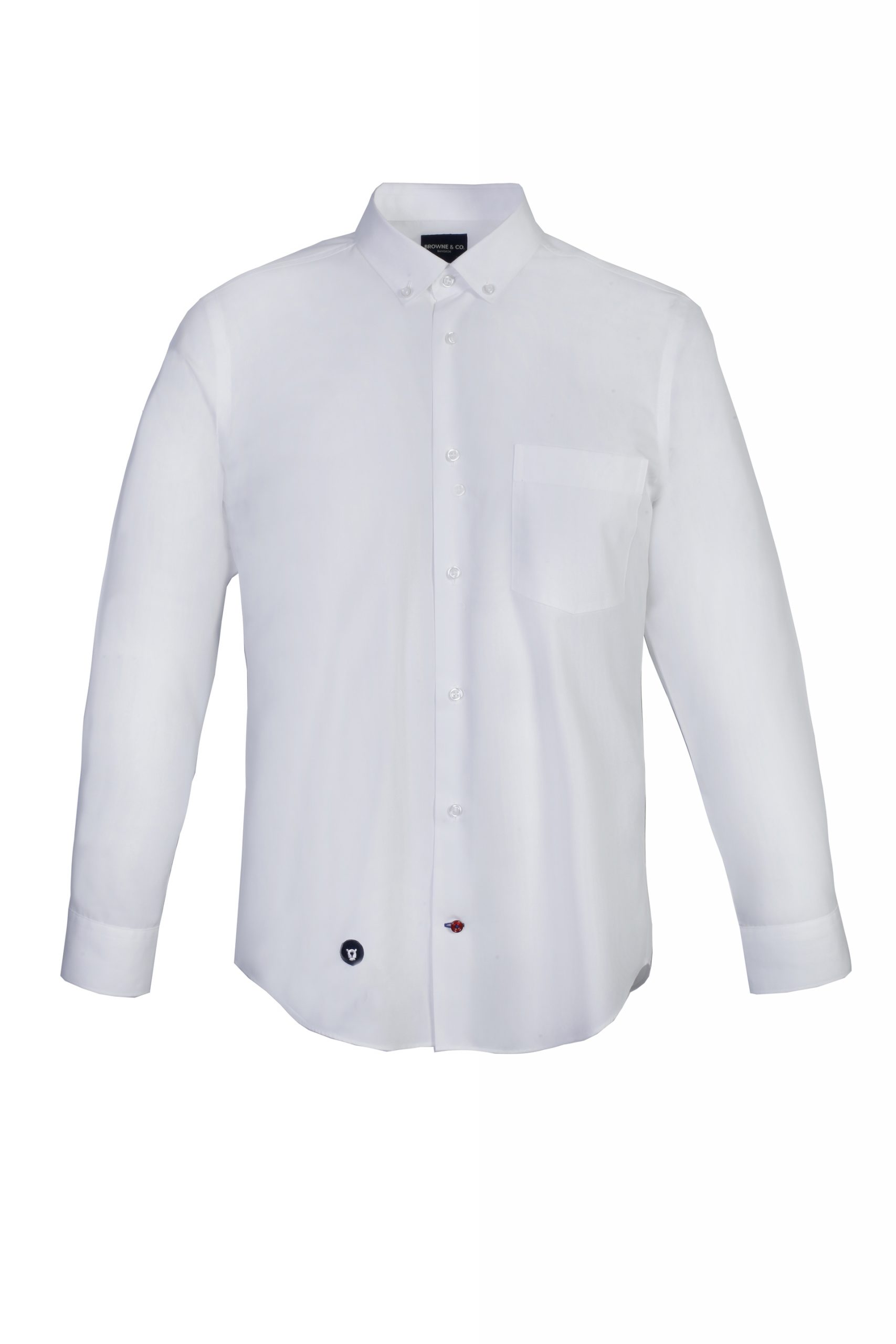 White Button Down Collar Long Sleeves Shirt with Pocket and Bottom Logo ...